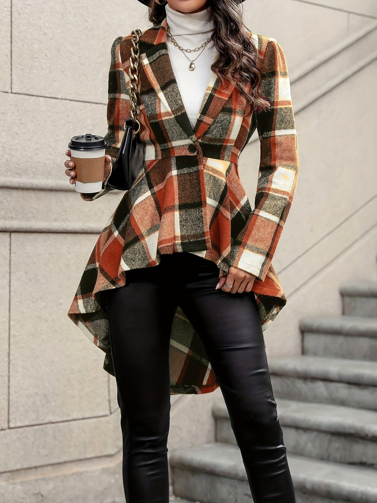 Women's Plaid Open Topper Jacket with Draped Flared Shape