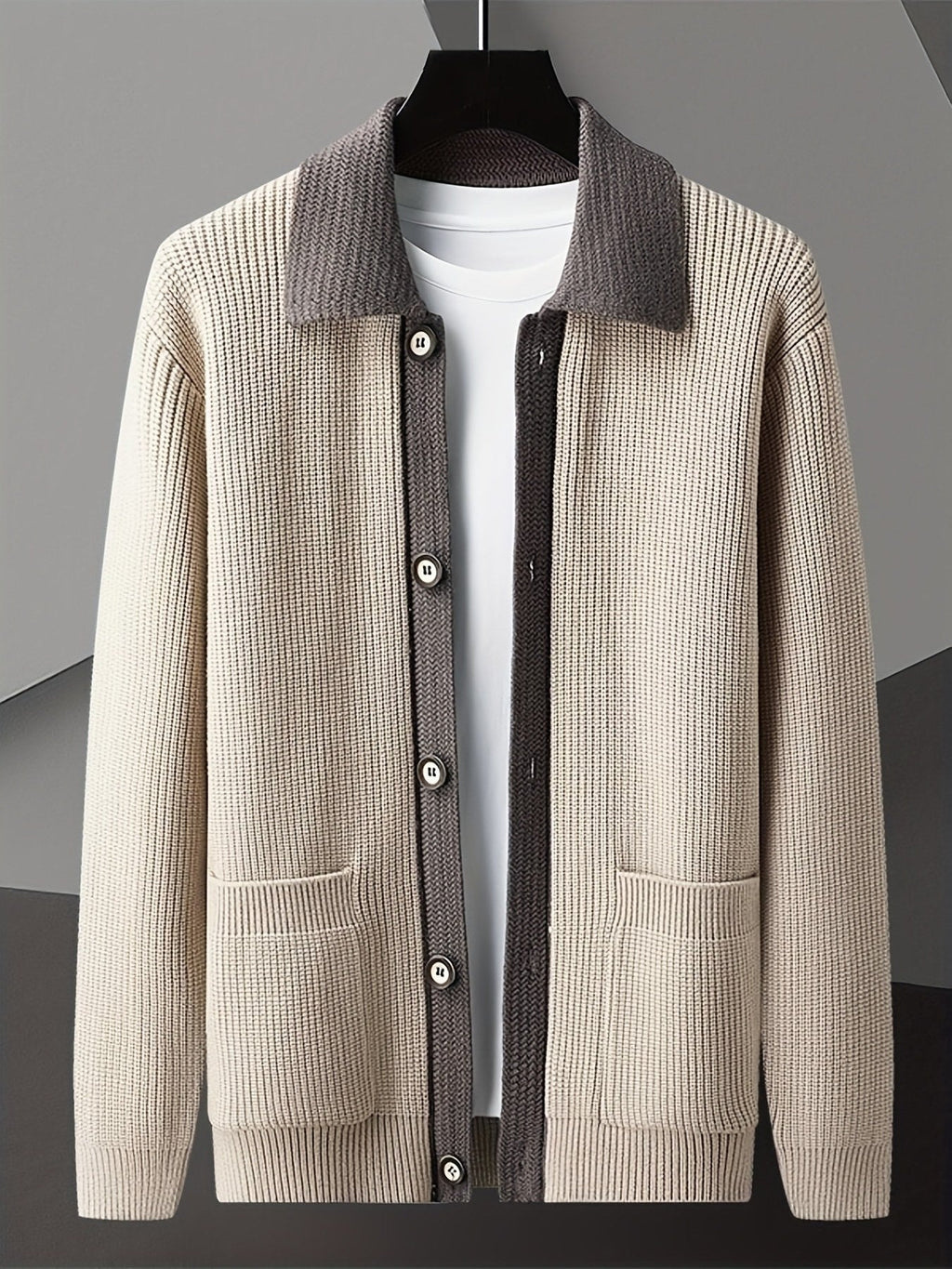 Men's Vertical-Rib Button Cardigan with Contrast Collar - Apricot