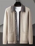 Men's Vertical-Rib Button Cardigan with Contrast Collar - Apricot