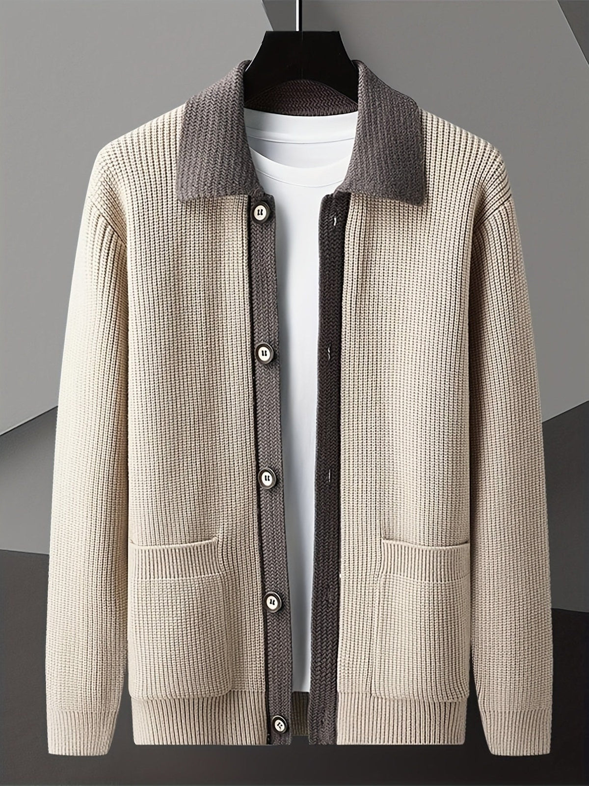 Men's Vertical-Rib Button Cardigan with Contrast Collar - Apricot