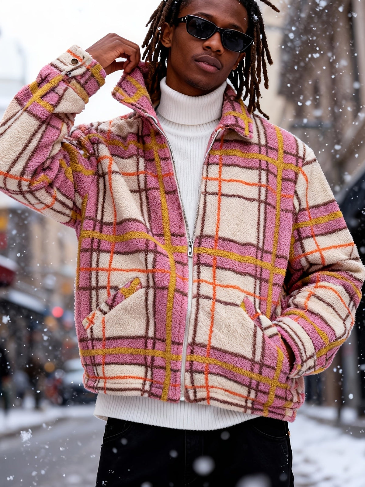Men's Boxy Teddy Fleece Jacket with Full Zip and Welt Pockets - Pink