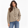 Women's Pocketed Stand-Collar Knit Cardigan with Full Button Front - Taupe