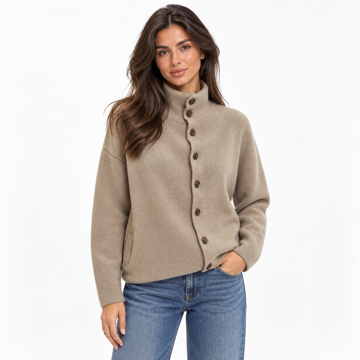 Women's Pocketed Stand-Collar Knit Cardigan with Full Button Front - Taupe