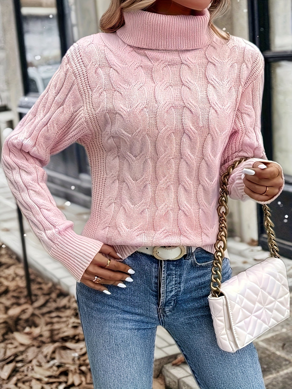 Women's Twisted Cable Turtleneck Sweater in a Lightly Shaped Fit