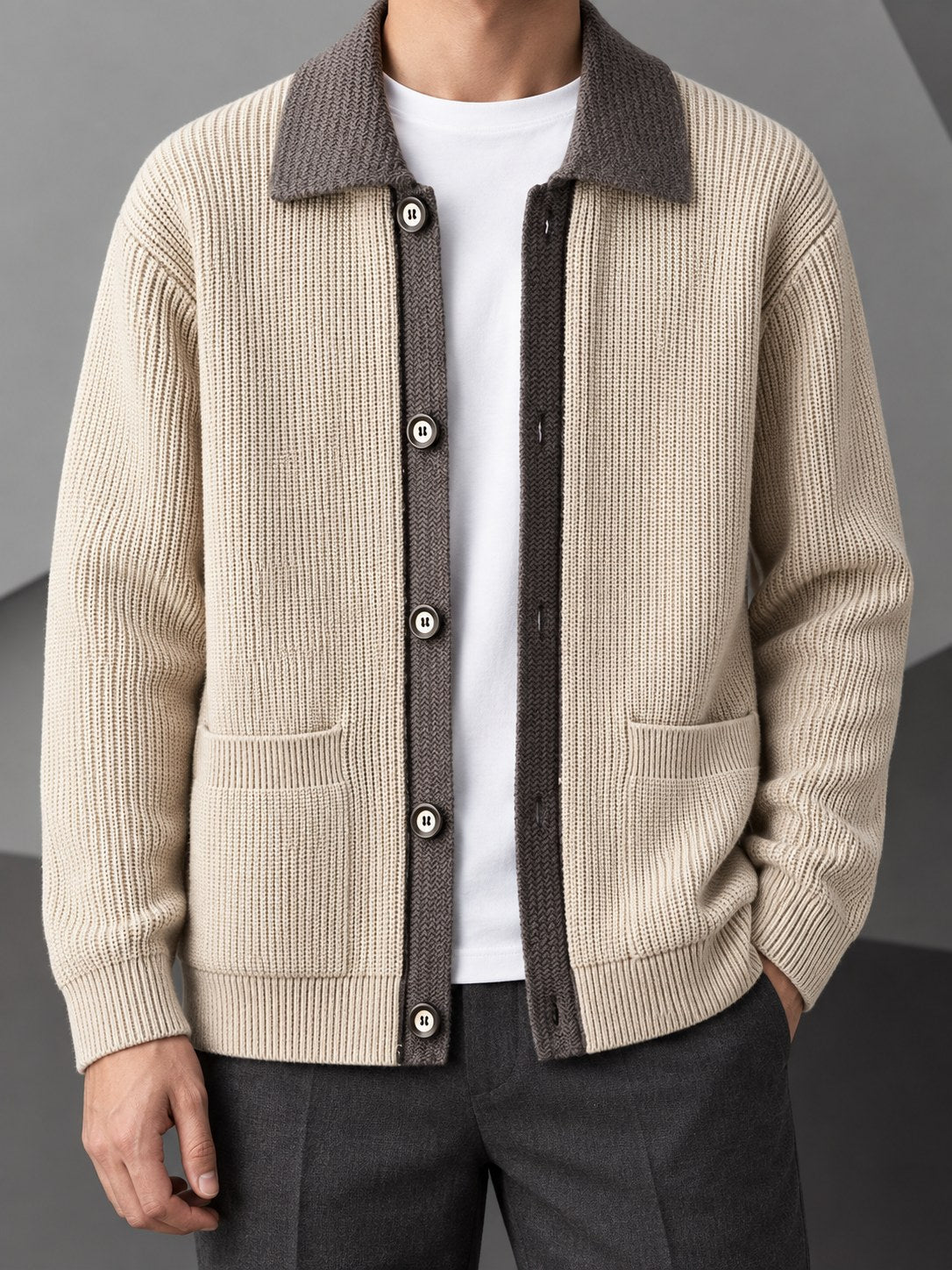 Men's Vertical-Rib Button Cardigan with Contrast Collar