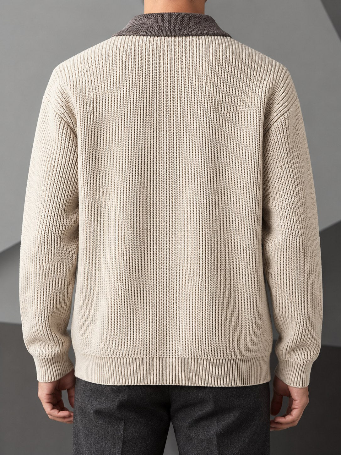 Men's Vertical-Rib Button Cardigan with Contrast Collar