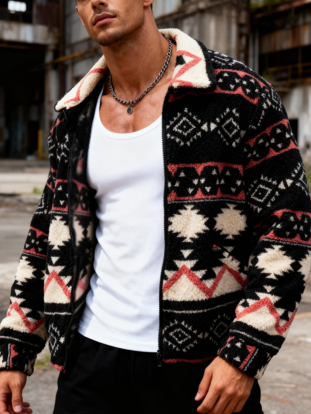 Men's Boxy Teddy Fleece Jacket with Full Zip and Welt Pockets