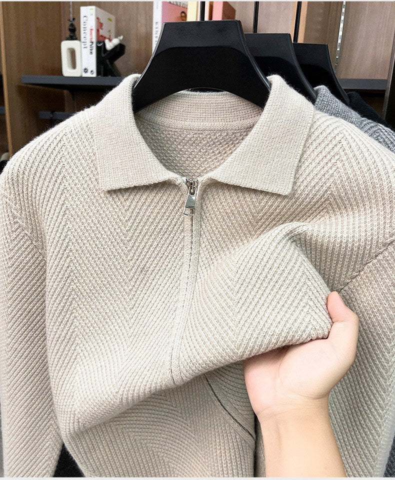 Men's Zip-Up Chevron Cardigan Sweater with Collared Neck