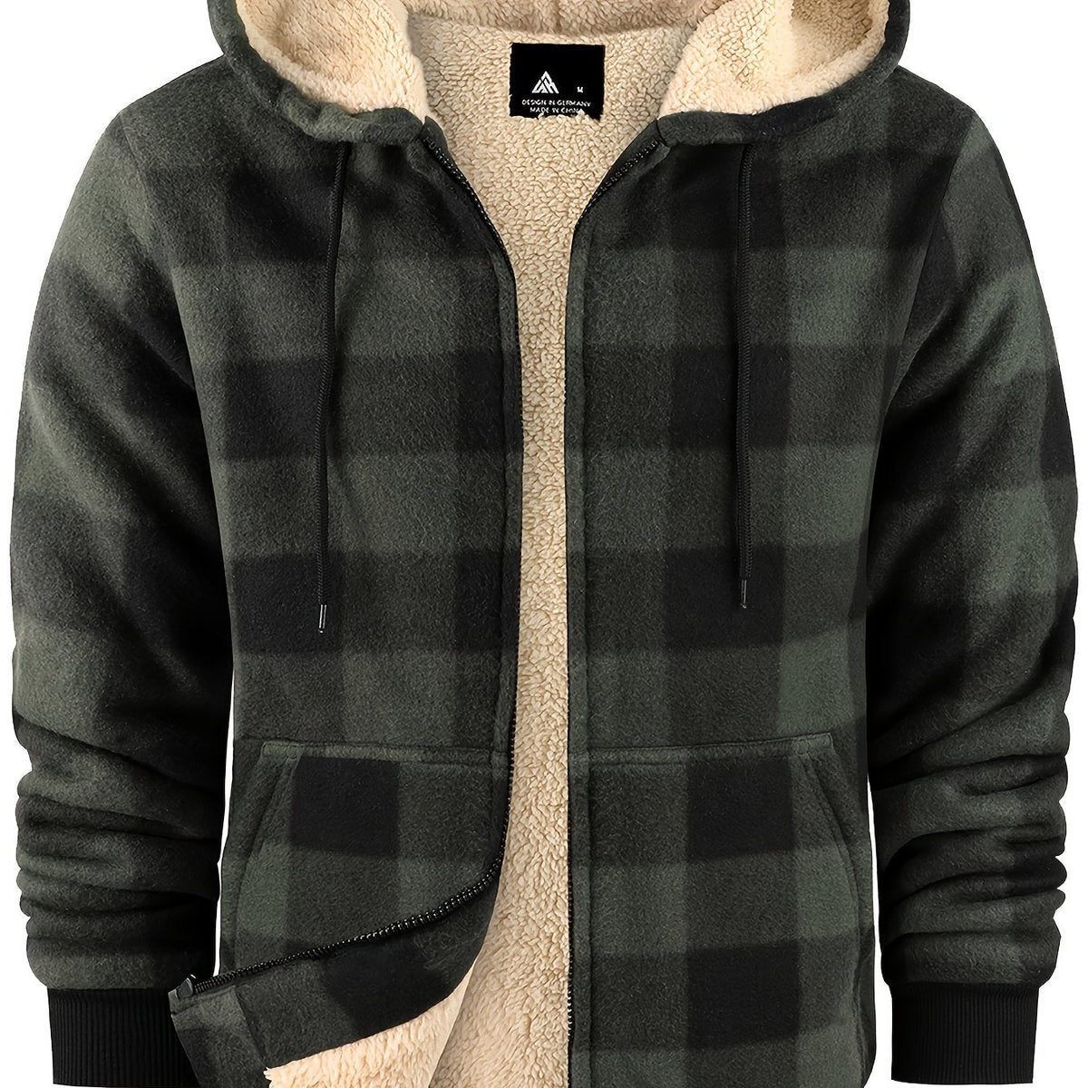 Men's Plush-Lined Zip-Up Hooded Jacket in Solid or Plaid - Olive Green