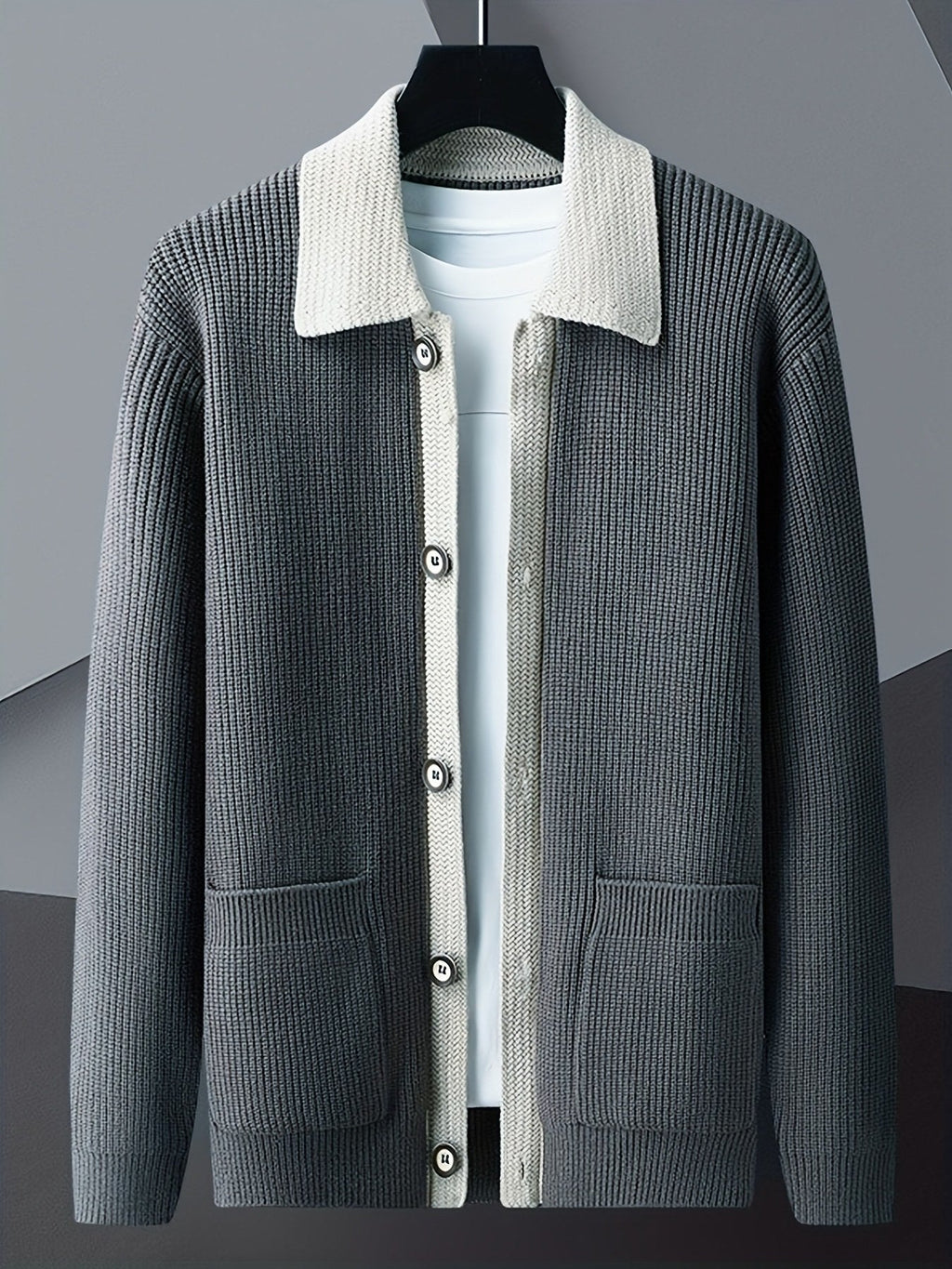 Men's Vertical-Rib Button Cardigan with Contrast Collar