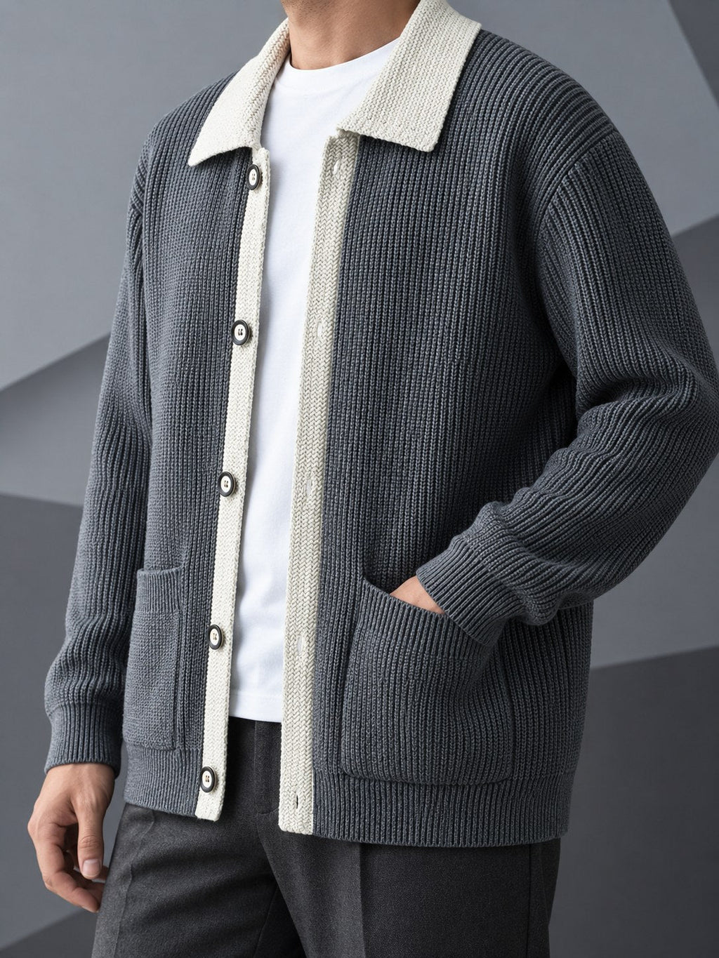 Men's Vertical-Rib Button Cardigan with Contrast Collar