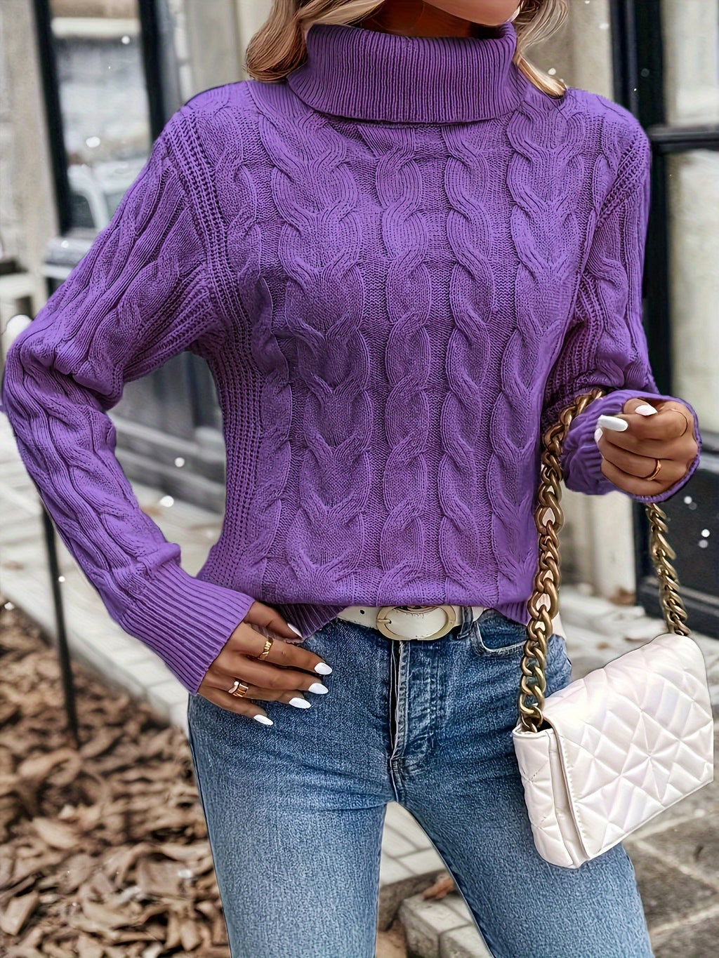Women's Twisted Cable Turtleneck Sweater in a Lightly Shaped Fit