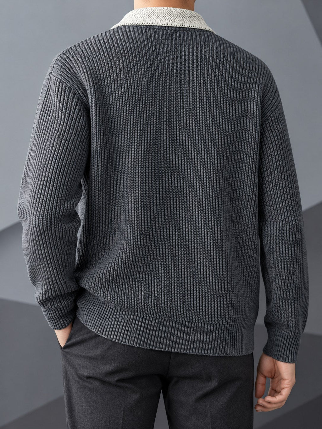 Men's Vertical-Rib Button Cardigan with Contrast Collar