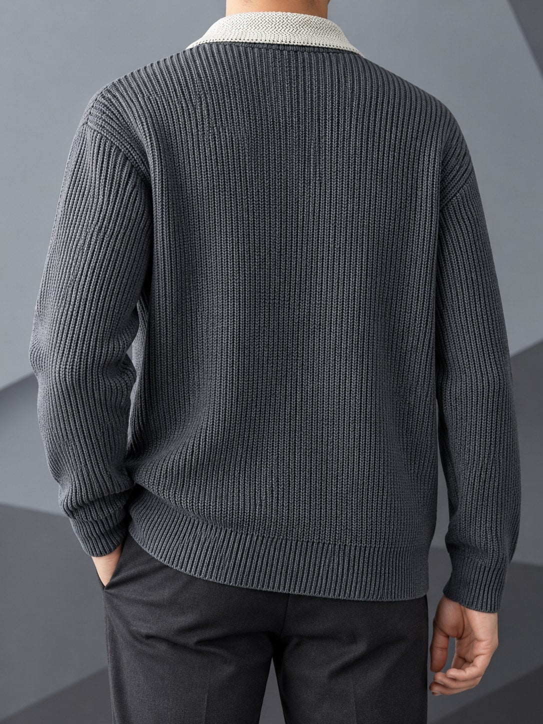 Men's Vertical-Rib Button Cardigan with Contrast Collar
