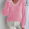 Women's Relaxed Cable-Knit V-Neck Sweater with Dropped Shoulders - Pink