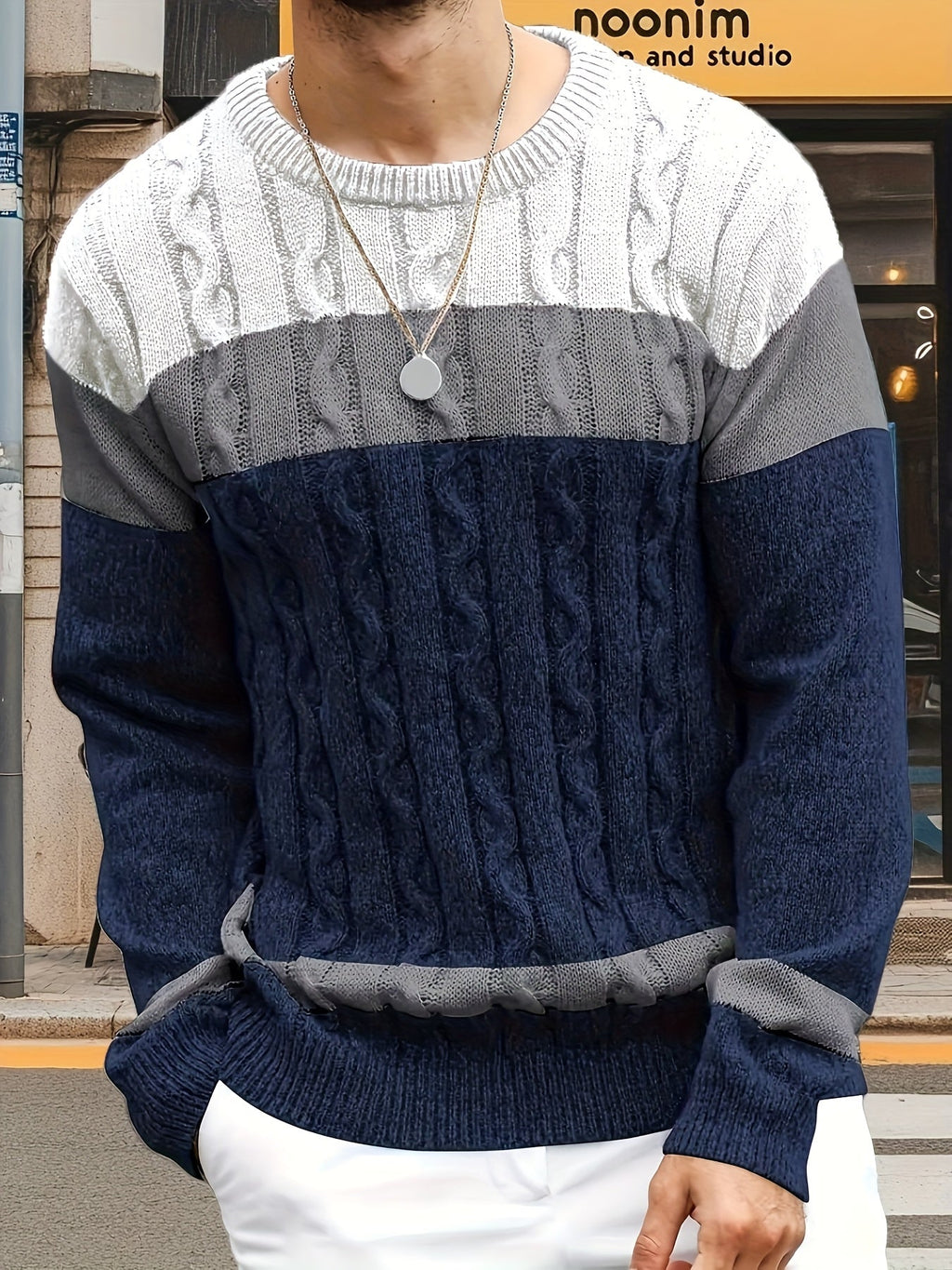 Men's Contrast-Block Cable-Knit Pullover Sweater