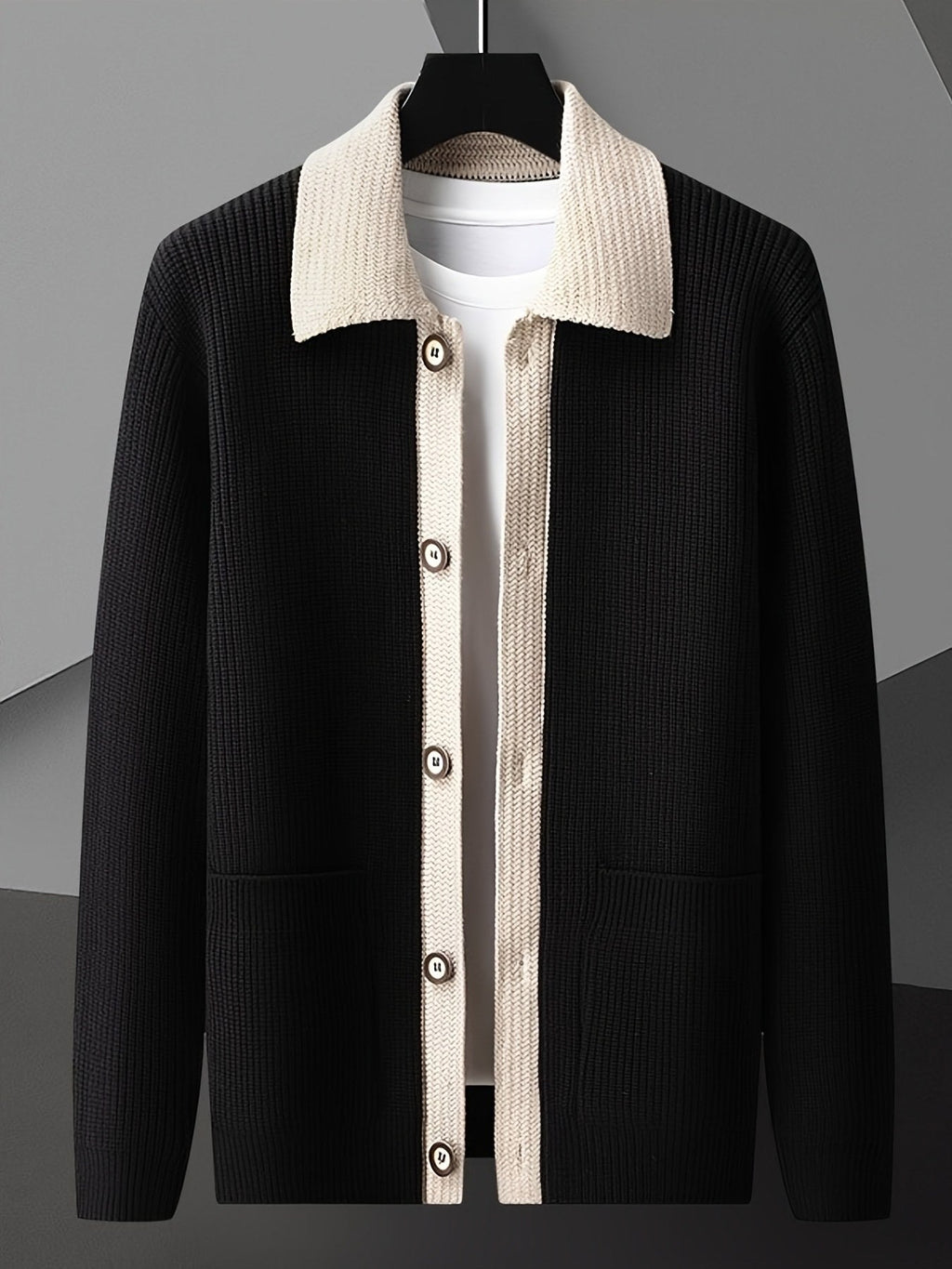 Men's Vertical-Rib Button Cardigan with Contrast Collar