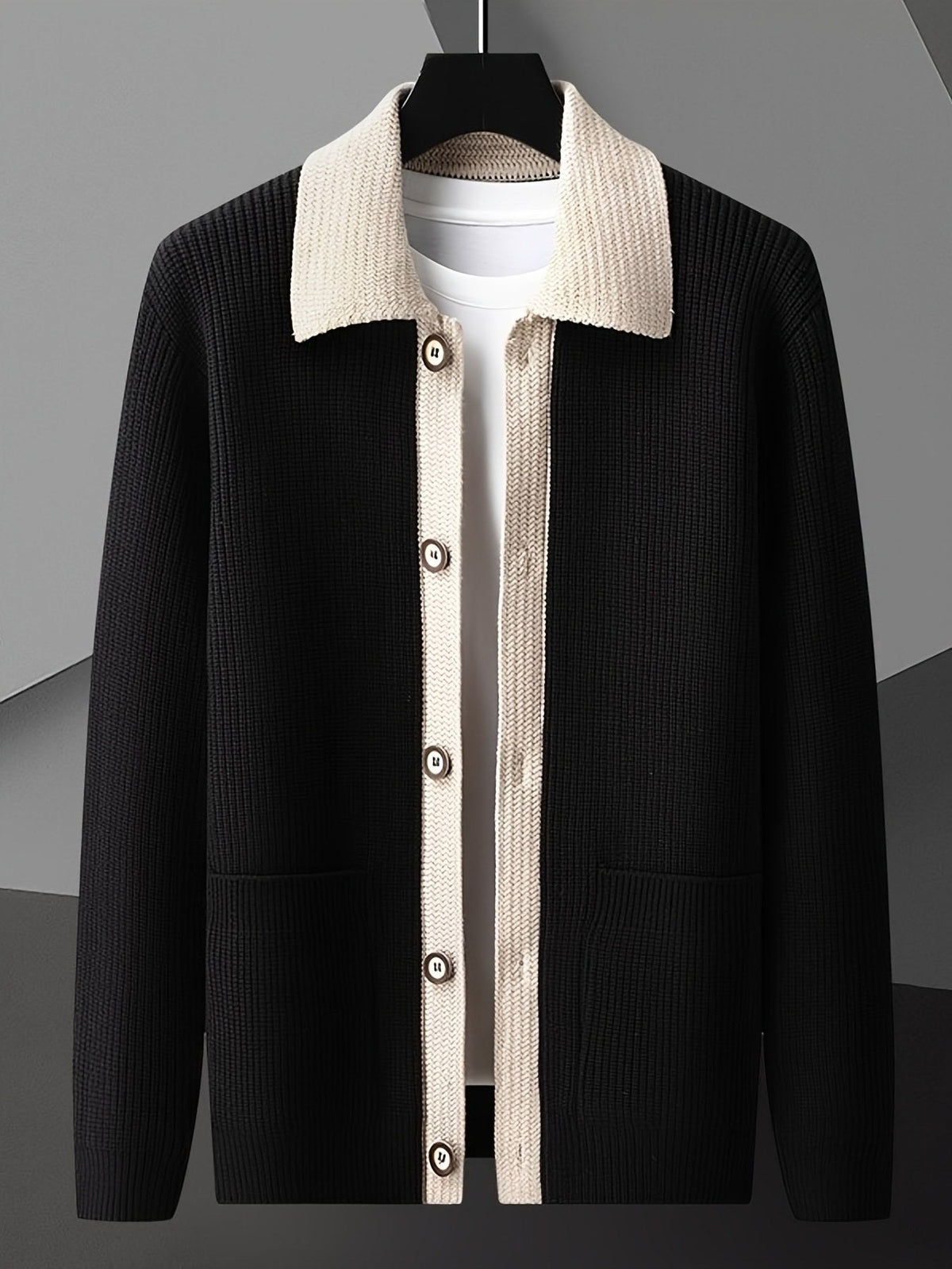 Men's Vertical-Rib Button Cardigan with Contrast Collar - Black