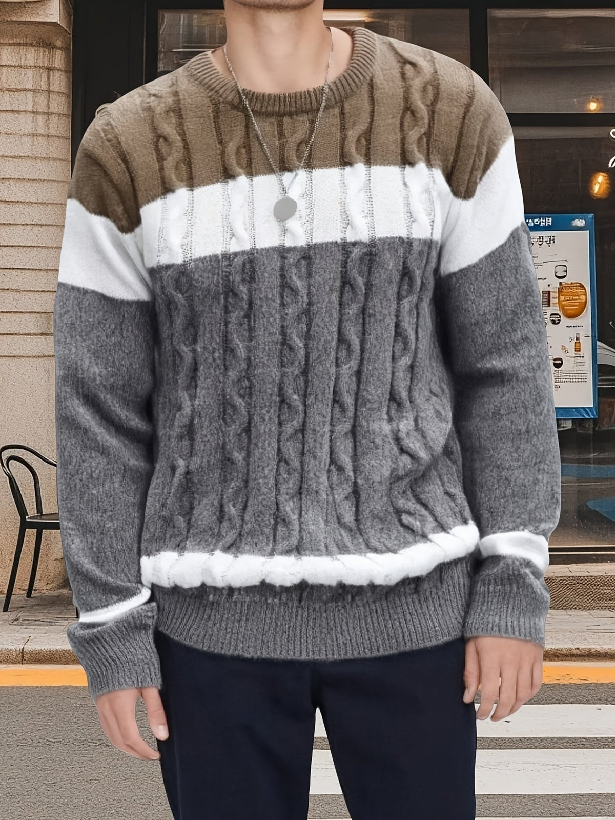 Men's Contrast-Block Cable-Knit Pullover Sweater