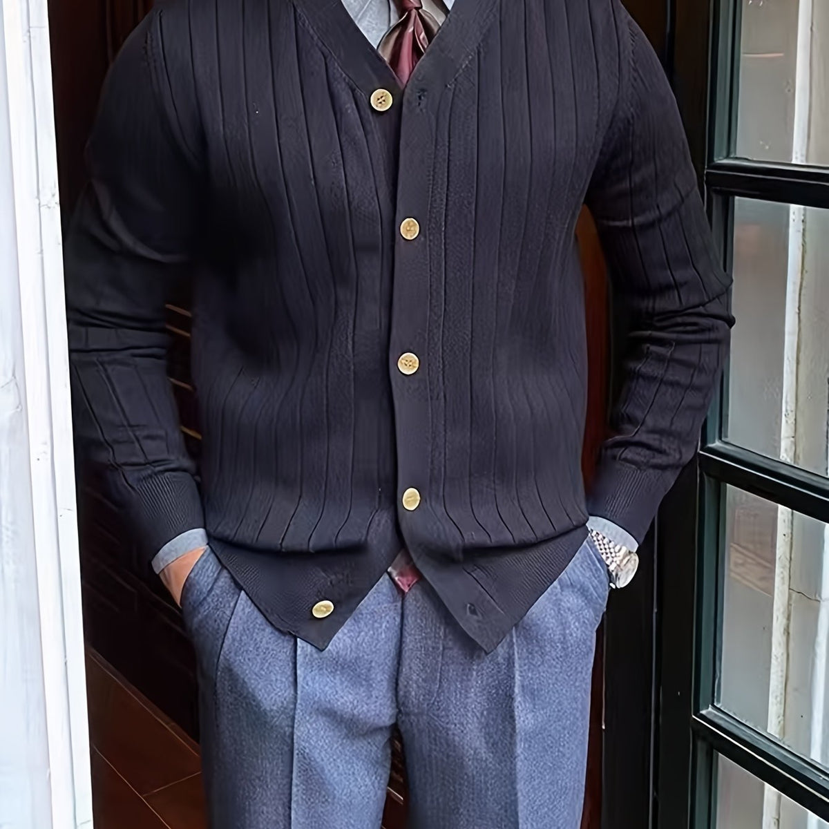 Men's Relaxed Button-Up Cardigan Sweater for Cool Mornings - Black