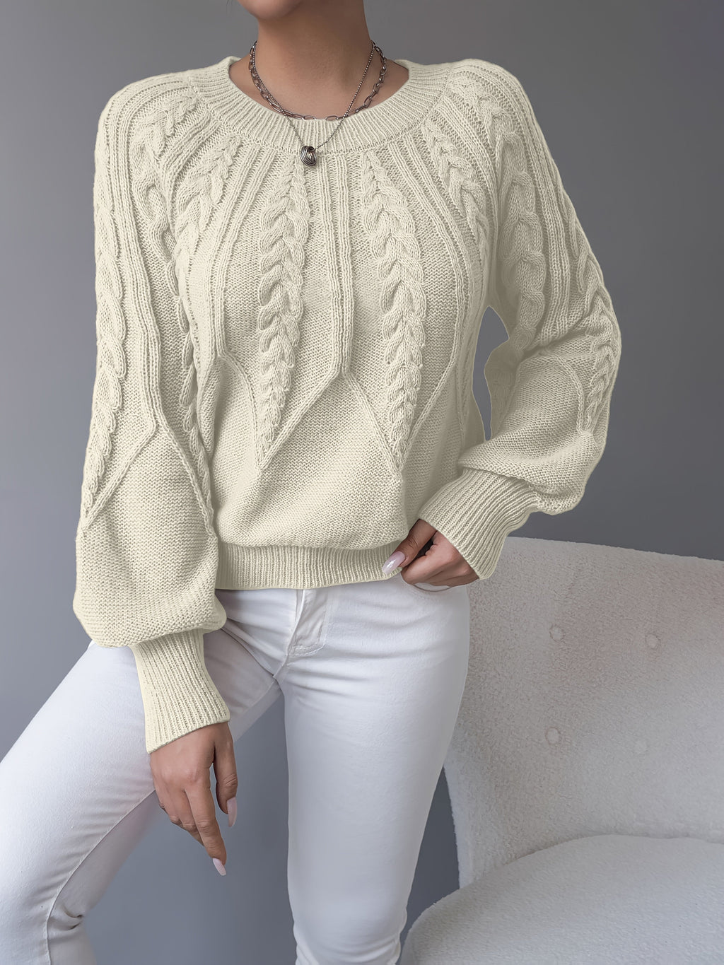 Women's Classic Cable Crew Neck Sweater with Lantern Sleeves