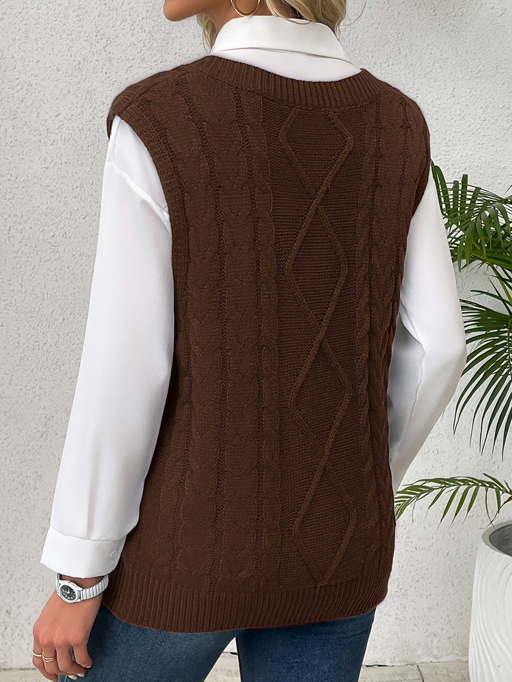 Women's Cable-Knit V-Neck Sweater Vest in a Relaxed Fit