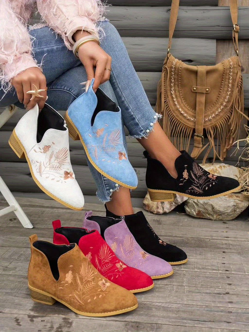Women's Pointed Low Heel Booties with Delicate Embroidery