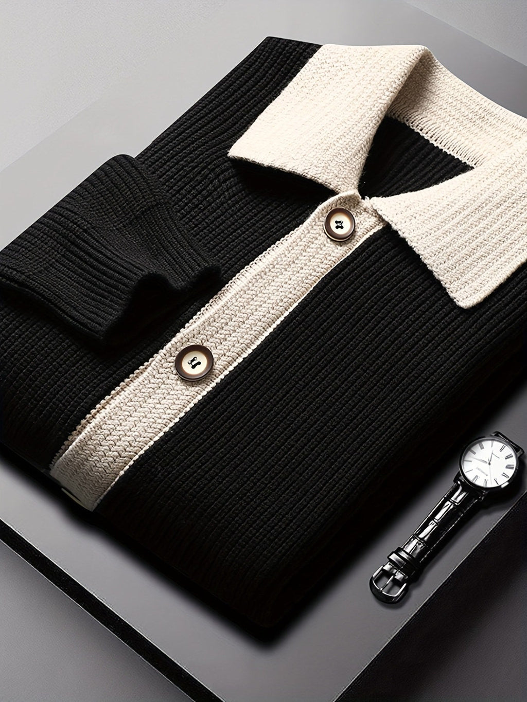 Men's Vertical-Rib Button Cardigan with Contrast Collar