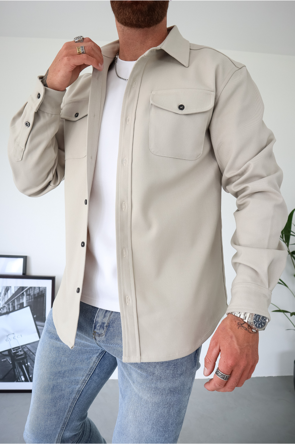 Men's Utility Button-Up Shacket in a Regular Fit - Cream
