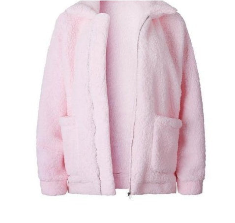 Women's Plush Wide-Collar Teddy Jacket in an Oversized Cut - Light Pink