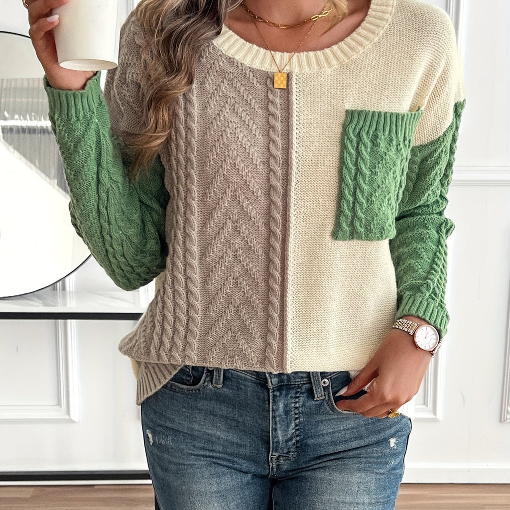 Women's Relaxed Two-Tone Cable Sweater with Front Pocket - Multicolor