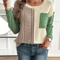 Women's Relaxed Two-Tone Cable Sweater with Front Pocket - Multicolor