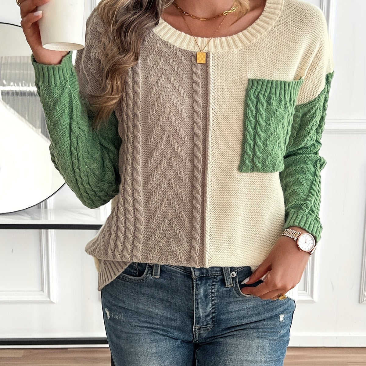Women's Relaxed Two-Tone Cable Sweater with Front Pocket - Multicolor