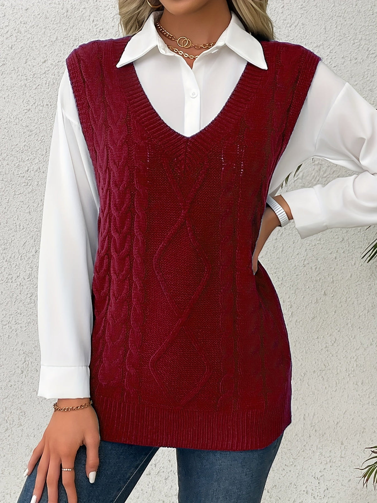 Women's Cable-Knit V-Neck Sweater Vest in a Relaxed Fit