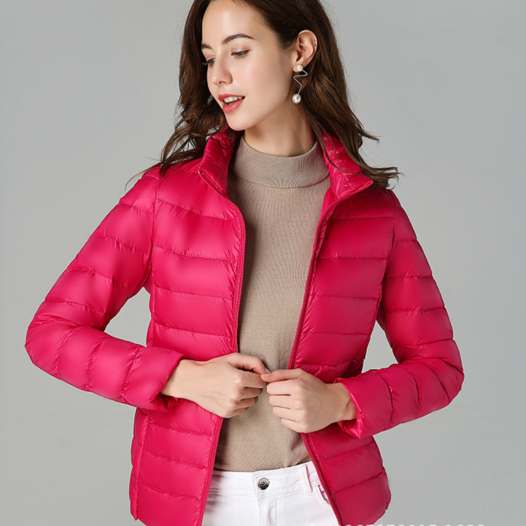Women's Pleated Packable Rain Jacket with Light Feather Fill