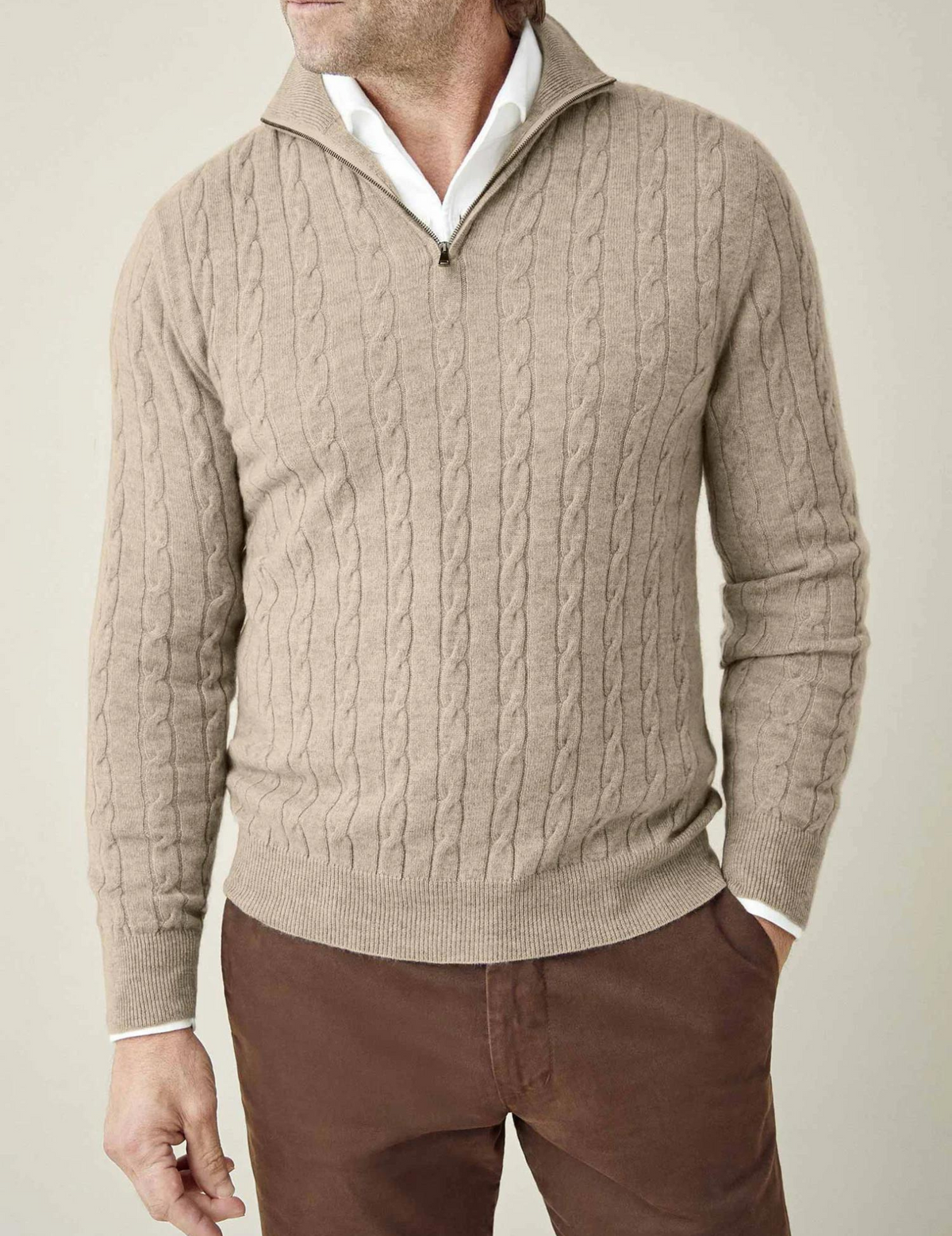 Men's Cable-Knit Zip-Collar Sweater in a Classic Fit - Beige