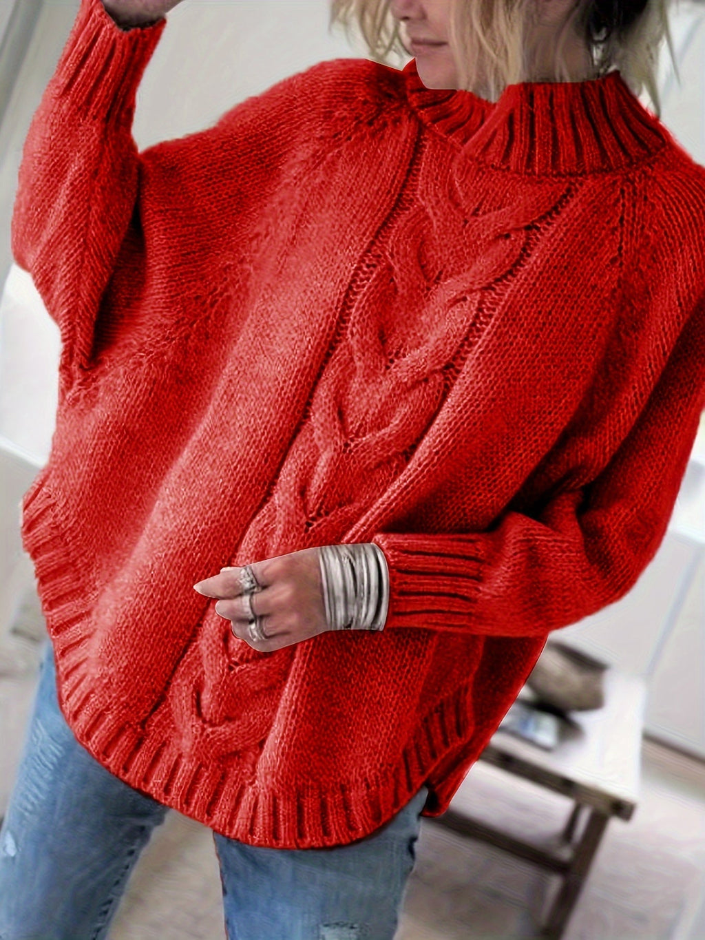 Women's Relaxed Thick Cable-Knit Sweater with Tall Neck
