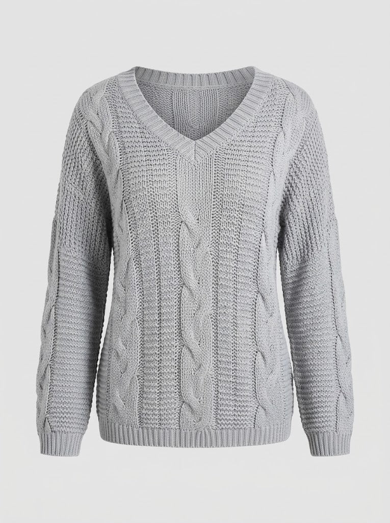 Women's Relaxed Cable-Knit Sweater with Off-Shoulder V-Neckline - Light Gray