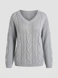 Women's Relaxed Cable-Knit Sweater with Off-Shoulder V-Neckline - Light Gray