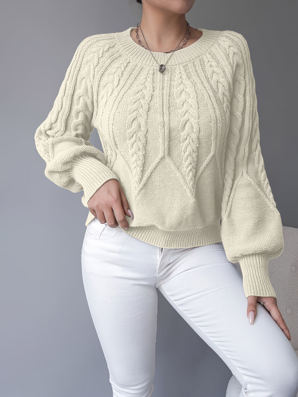 Women's Classic Cable Crew Neck Sweater with Lantern Sleeves