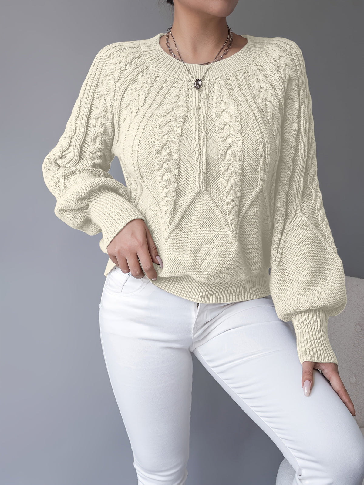 Women's Classic Cable Crew Neck Sweater with Lantern Sleeves