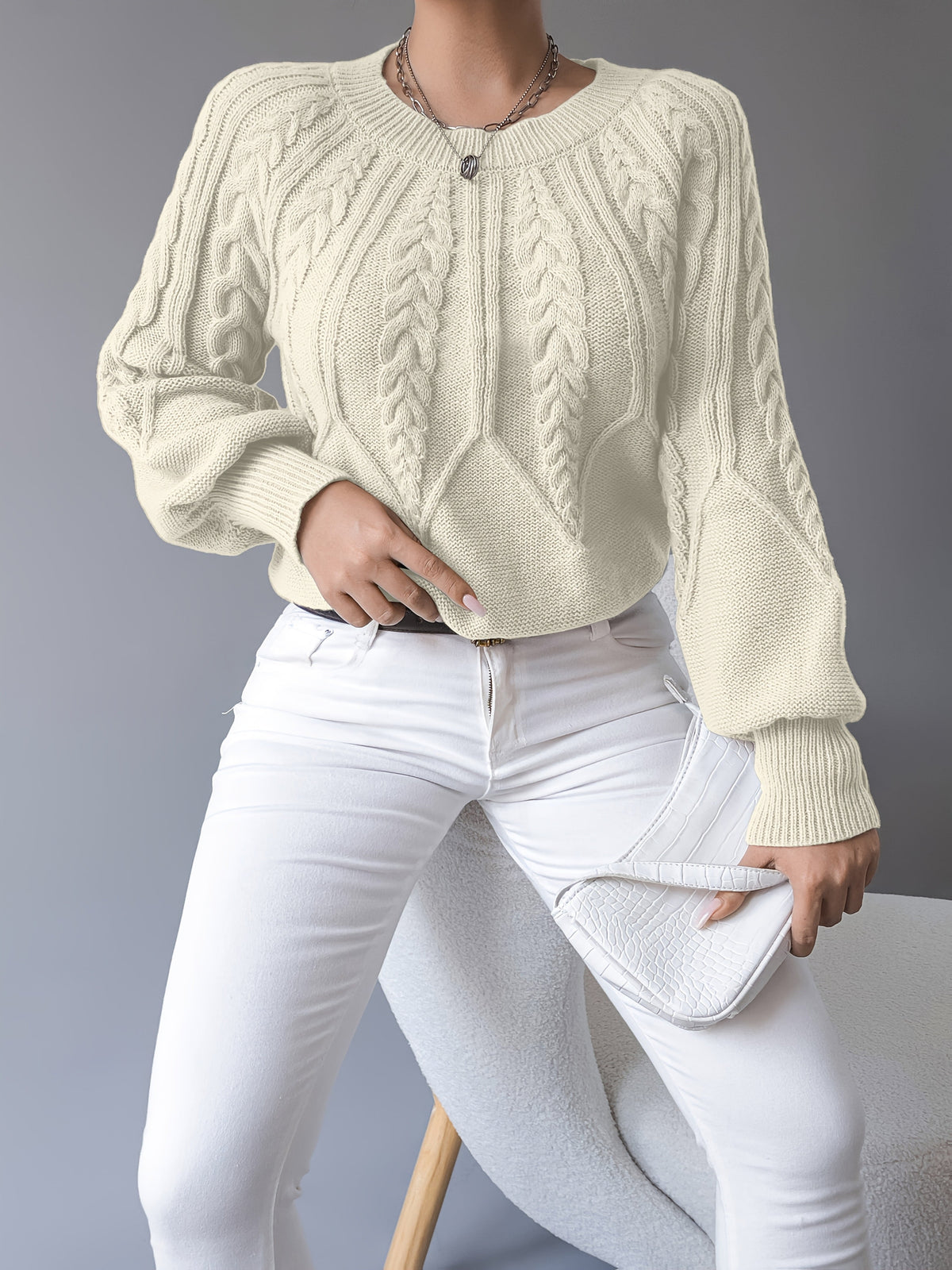 Women's Classic Cable Crew Neck Sweater with Lantern Sleeves