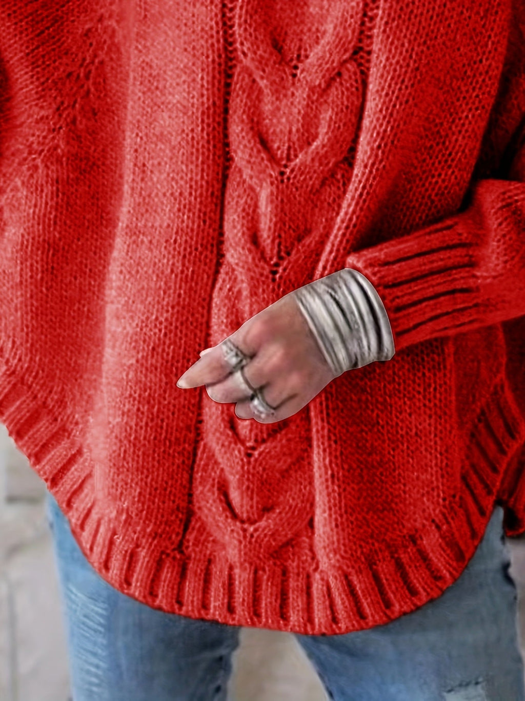 Women's Relaxed Thick Cable-Knit Sweater with Tall Neck