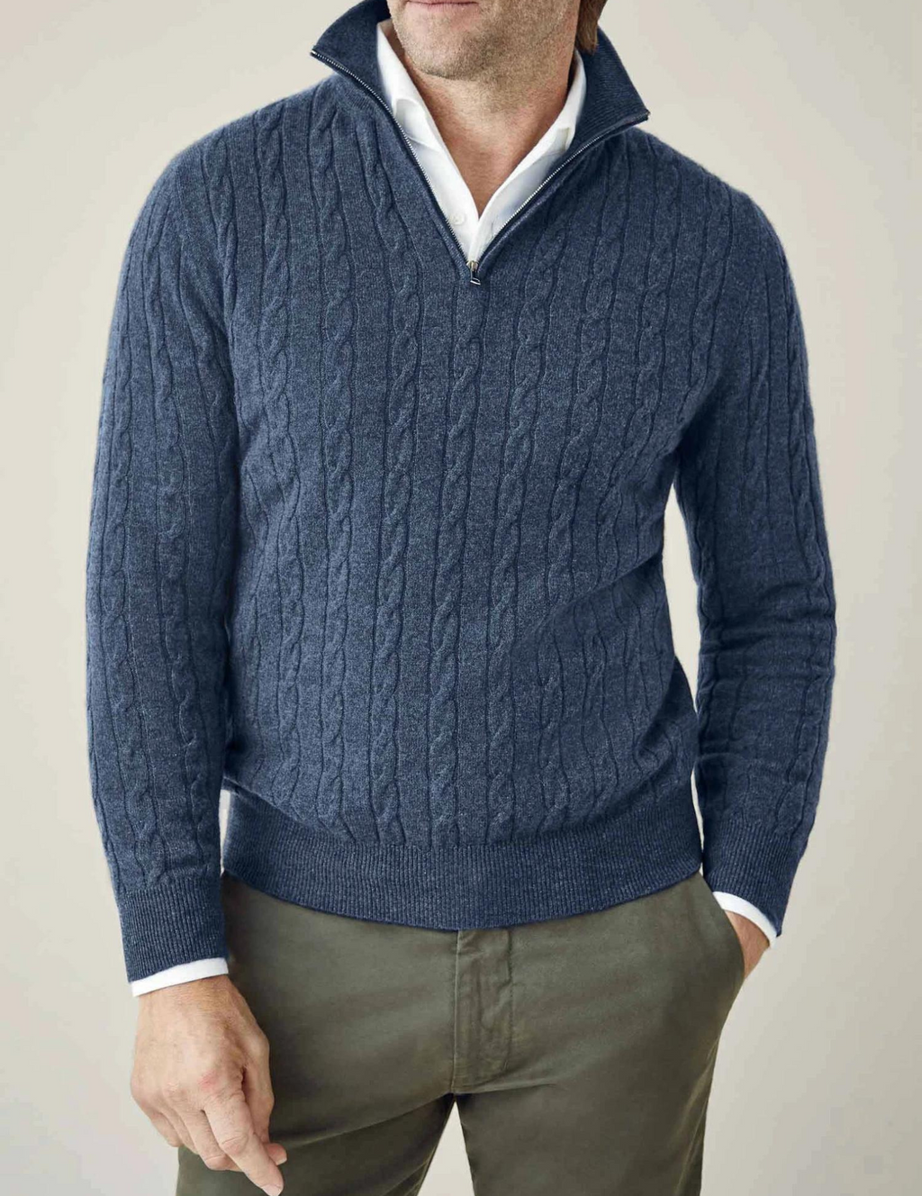 Men's Cable-Knit Zip-Collar Sweater in a Classic Fit - Dark Blue