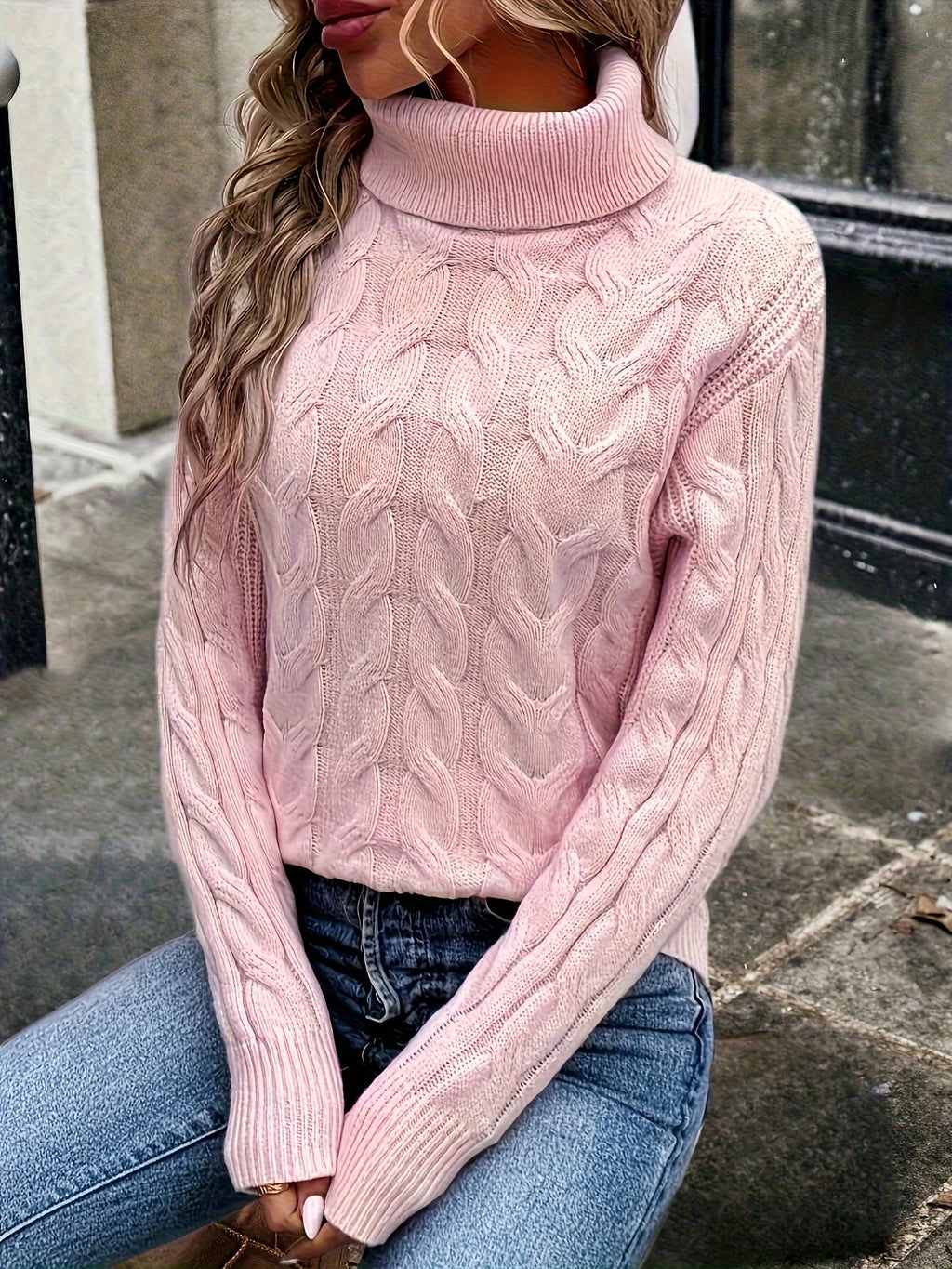Women's Twisted Cable Turtleneck Sweater in a Lightly Shaped Fit