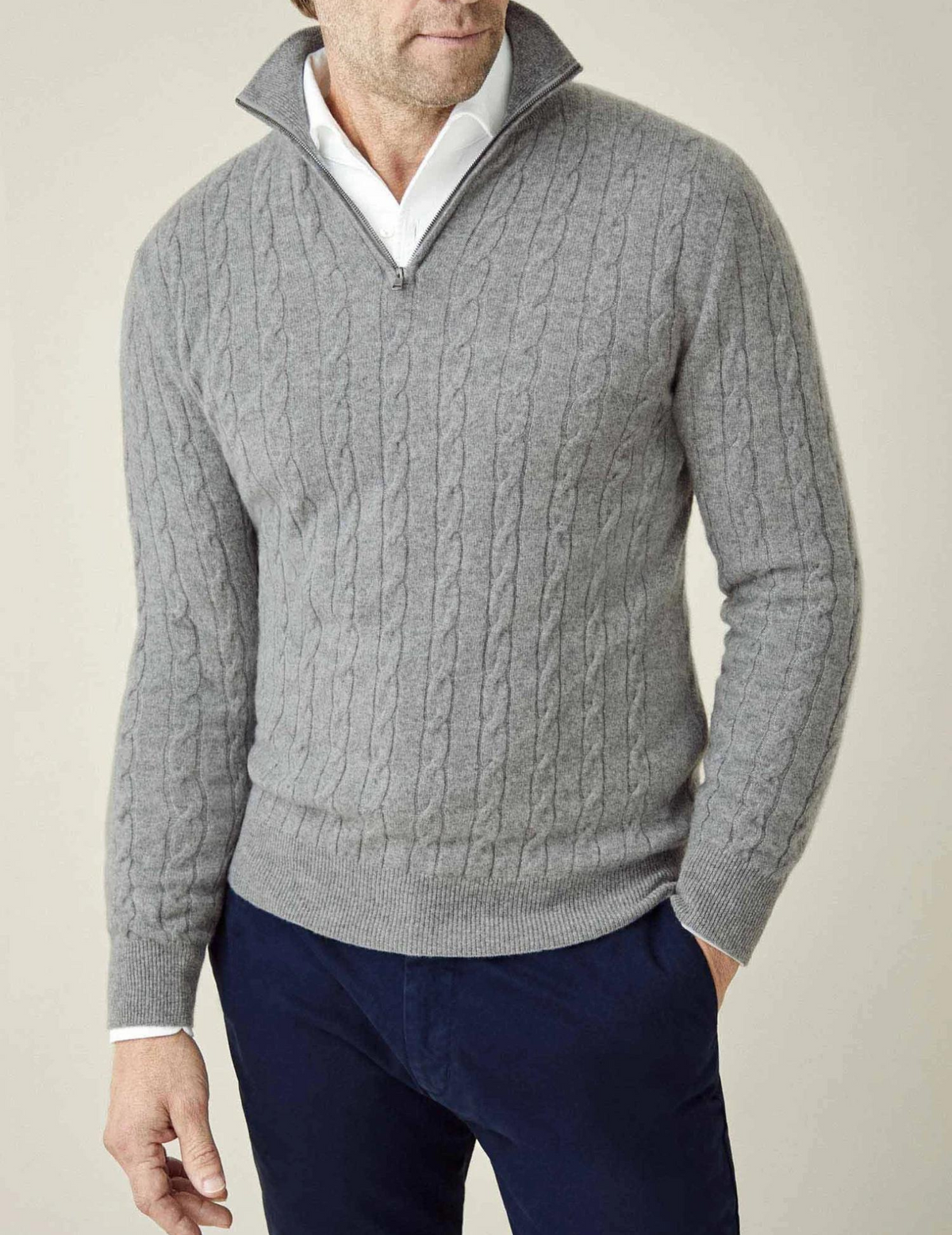 Men's Cable-Knit Zip-Collar Sweater in a Classic Fit - Gray