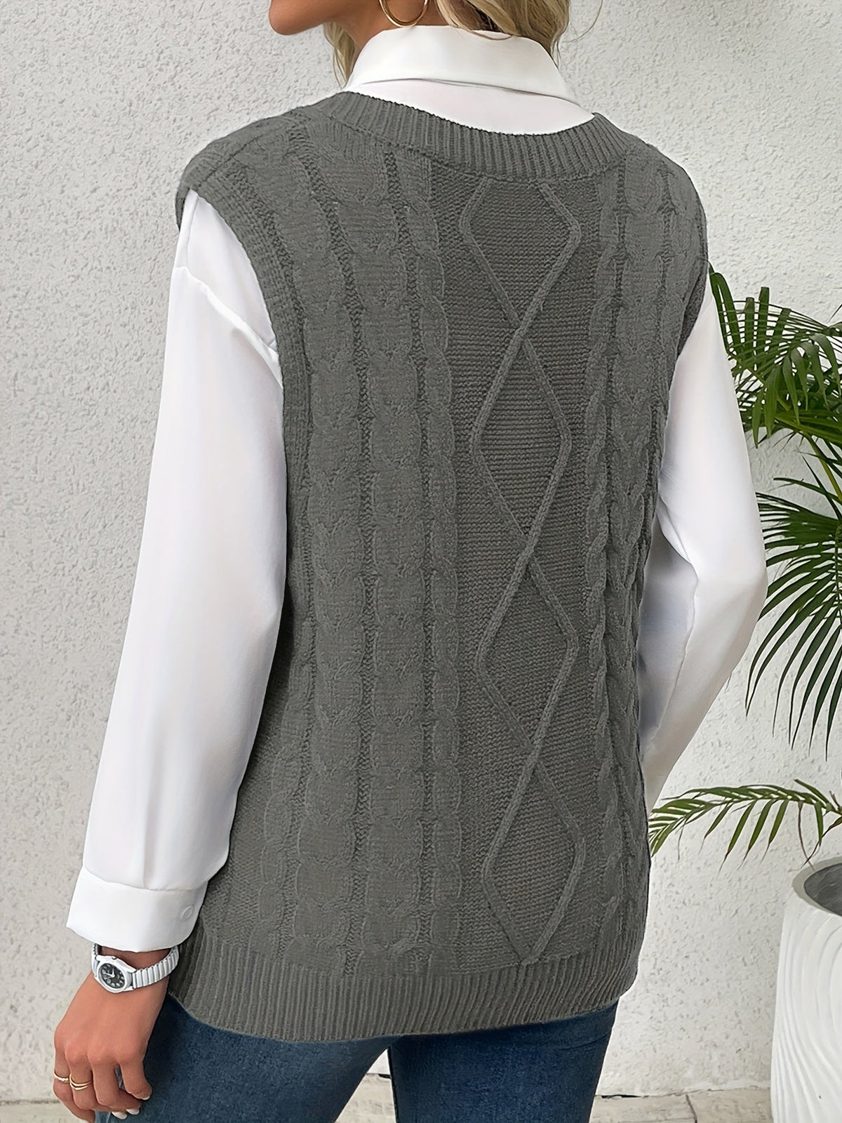Women's Cable-Knit V-Neck Sweater Vest in a Relaxed Fit