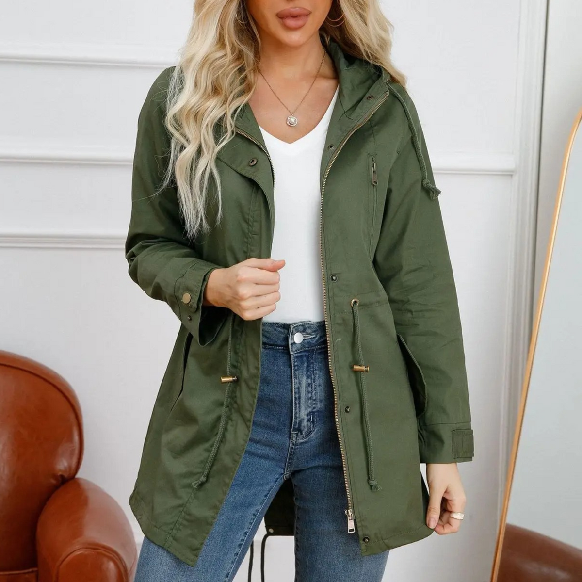 Women's Lightweight Drawstring-Waist Hooded Parka - Olive Green