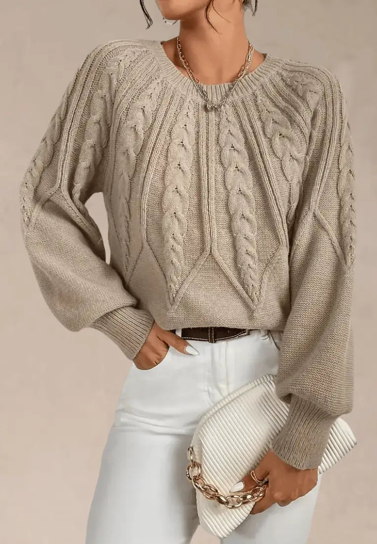 Women's Relaxed Puff-Sleeve Cable-Knit Crew Neck Sweater - Beige