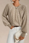 Women's Relaxed Puff-Sleeve Cable-Knit Crew Neck Sweater - Beige